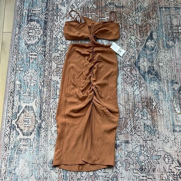 ZARA Terracotta Brown Ruched Midi Cut Out Tie Back Dress Size M NWT Rust - Picture 3 of 12